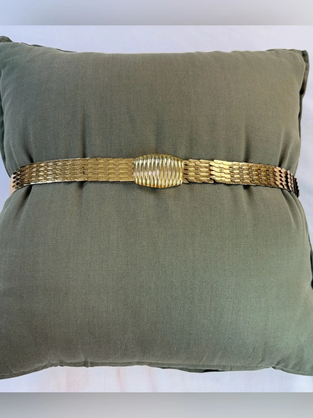 Vintage Gold Tone Stretch Fish Scale Belt Ribbed Oval Buckle